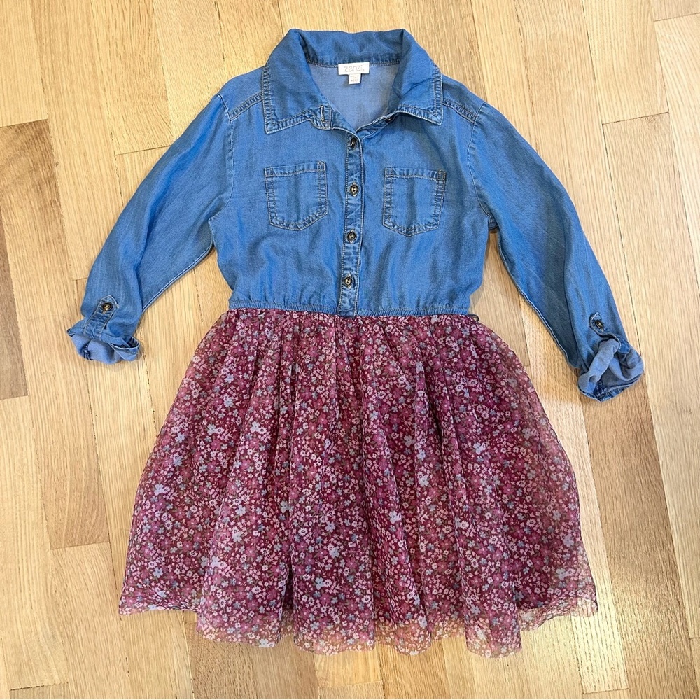 Zenzi Blue Denim and Pink Floral Kids Dress Size 8